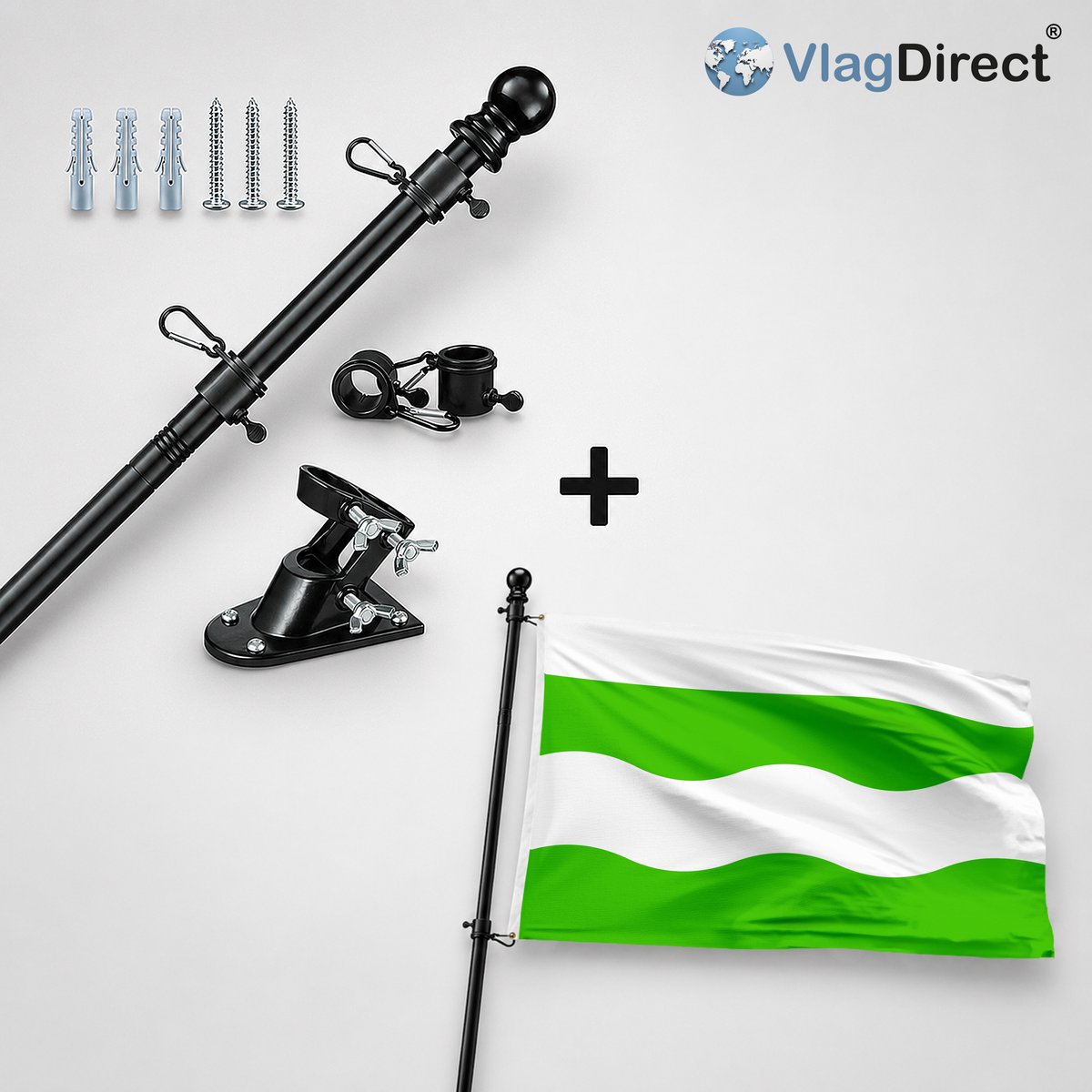 VlagDirect - Compleet vlaggenpakket - Zwarte vlaggenstok inclusief vlaggenstokhouder + Lievegemse vlag - Gemeente Lievegem vlag - 90 x 150 cm.