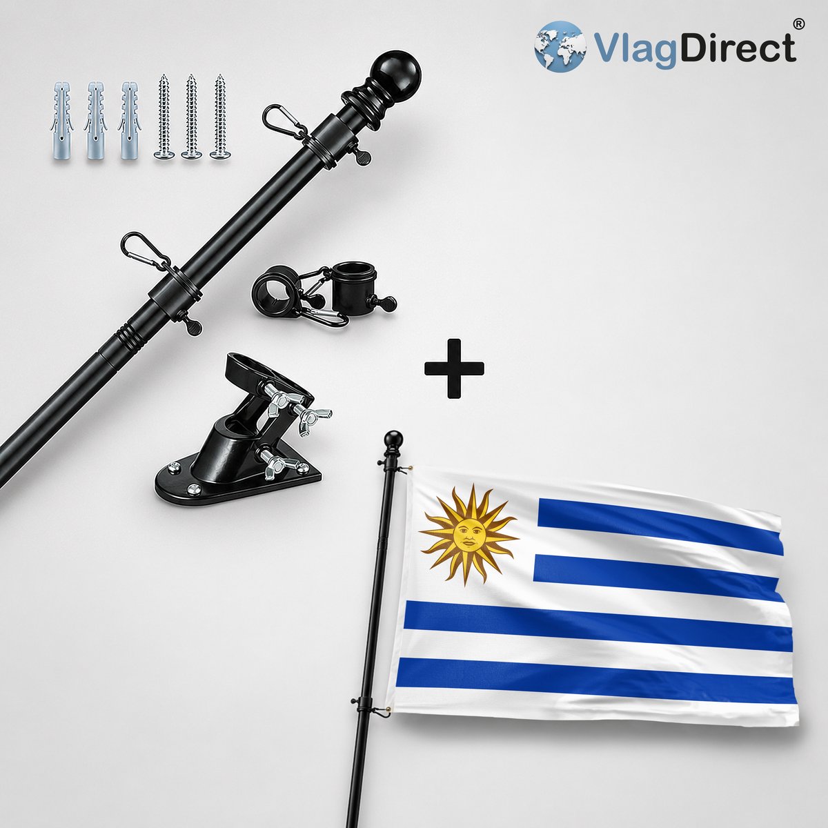 VlagDirect - Compleet vlaggenpakket - Zwarte vlaggenstok inclusief vlaggenstokhouder + Uruguayaanse vlag - Uruguay vlag - 90 x 150 cm.