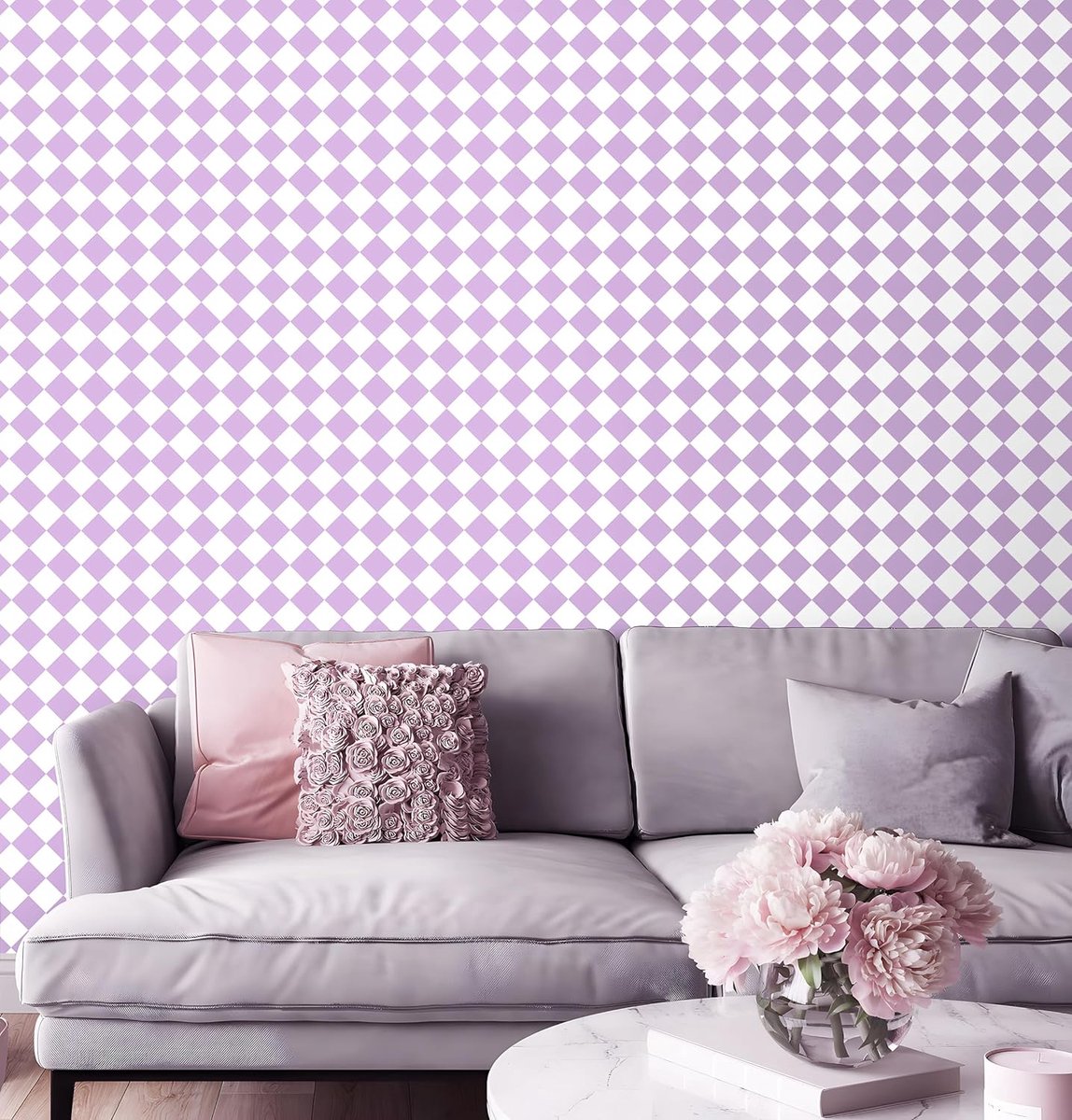 Self Adhesive Wallpaper Purple, 44 x 1000 cm Mosaic Checkered Wallpaper Purple and White Geometric Wallpaper Peel and - ShopVlot