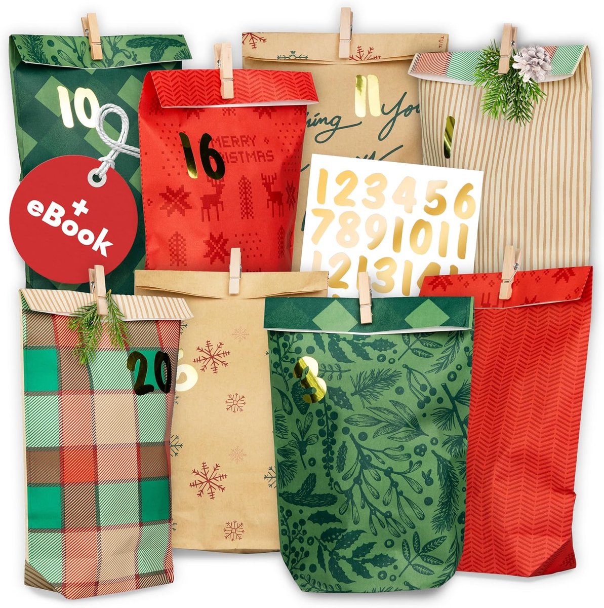 AMARI ® Advent Calendar to Fill No. 19 Christmas Morning - 24 Paper Advent Bags (with Wooden Clips) for Crafts for - ShopVlot