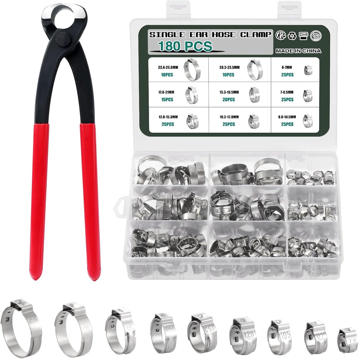 180Pcs 304 Stainless Steel One Ear Hose Clamps 6-1mm 9 Sizes Heat Shrink Hose Clamp Assortment Kit, Stepless Crimping - ShopVlot