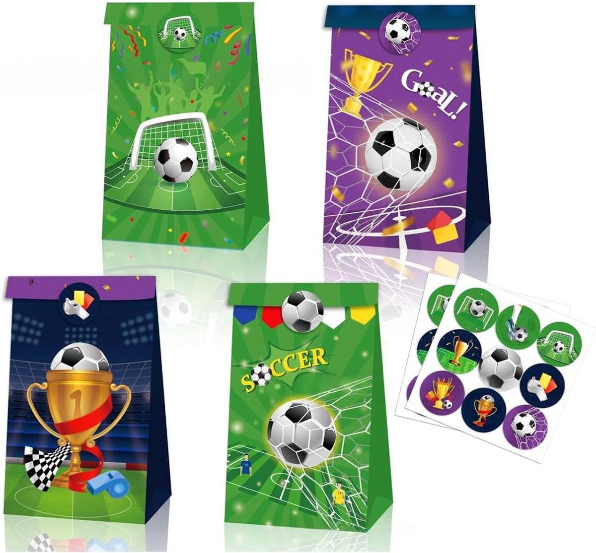 Papieren tassen voetbal - 12 stuks - 4 stijlen - Inclusief 18 stickers - Perfect voor verjaardagsfeesten - ShopVlot