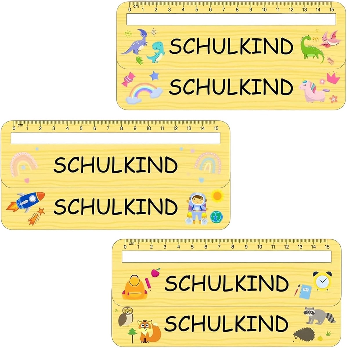 Leeshulp liniaal 15 cm - houten linialen met gekleurde motieven - ideaal voor leesoefeningen en meettaken - 6 stuks - ShopVlot