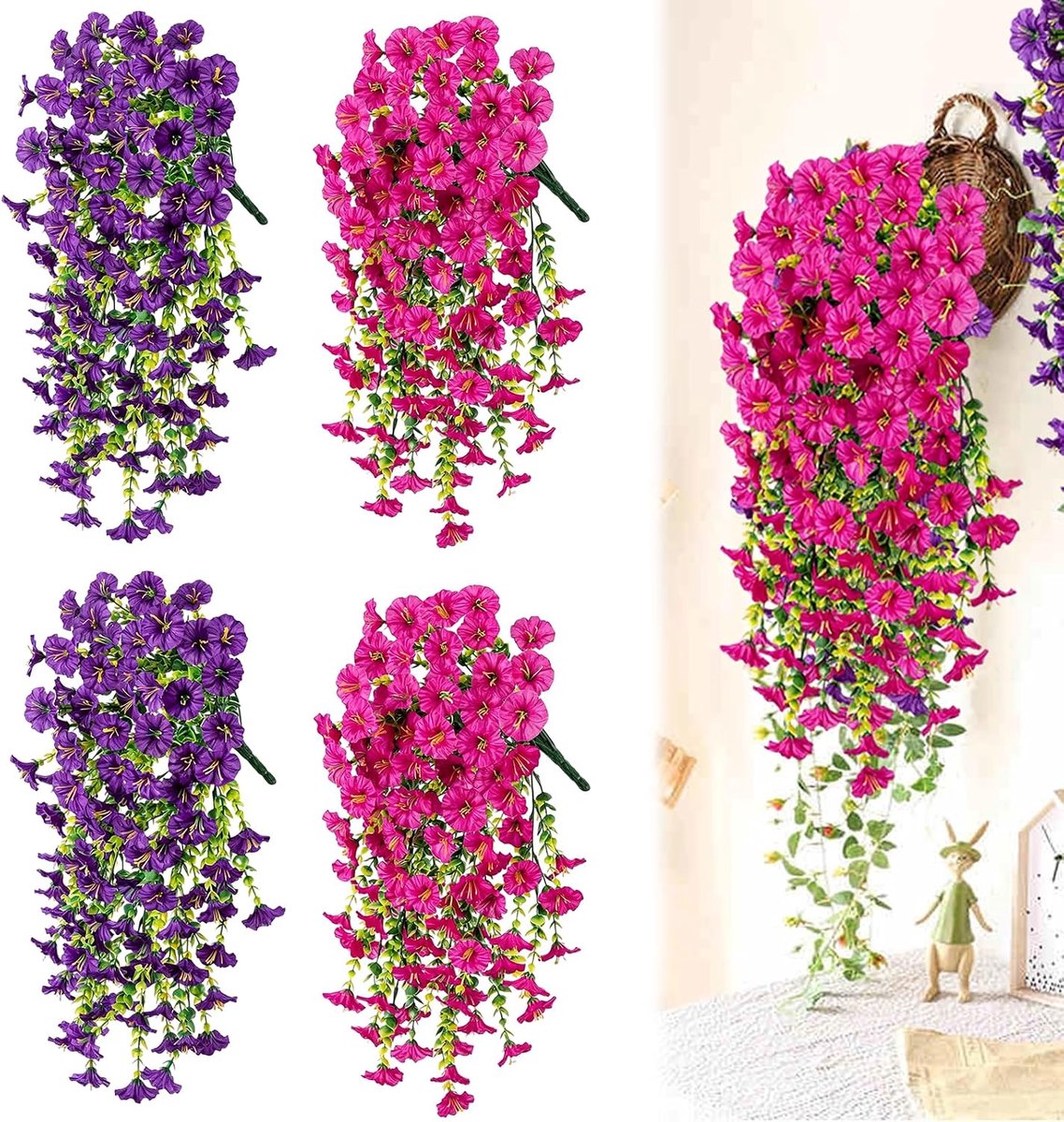 Kunstbloemen hangend 78 cm - petunia en eucalyptus - weerbestendig - sfeervolle decoratie voor tuin - ShopVlot