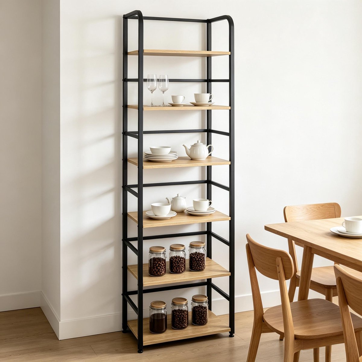 Boekenkast Met 6 Planken – 50 x 30 x 176 cm – MDF En Metaal – Zwart En Licht Eiken – Open Opbergruimte Voor Woonkamer Of Studeerkamer