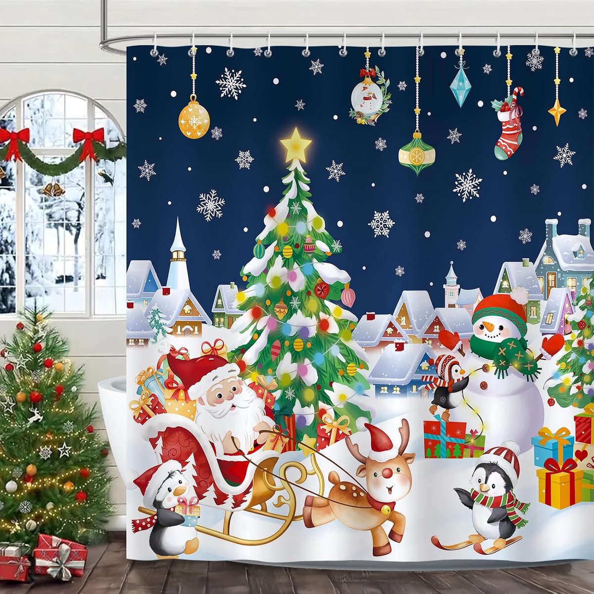 Douchegordijn kerst 180x180cm - polyester - waterdicht - feestelijke uitstraling voor badkamer - ShopVlot