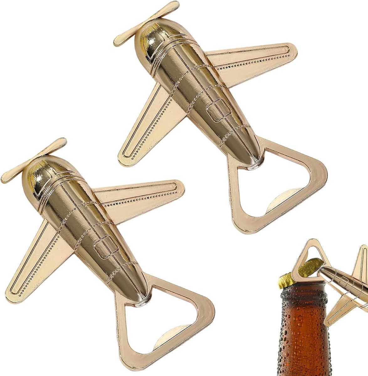 Flesopener vliegtuig - metallic goud - roestvrij en corrosiebestendig - ideaal voor reizigers - ShopVlot