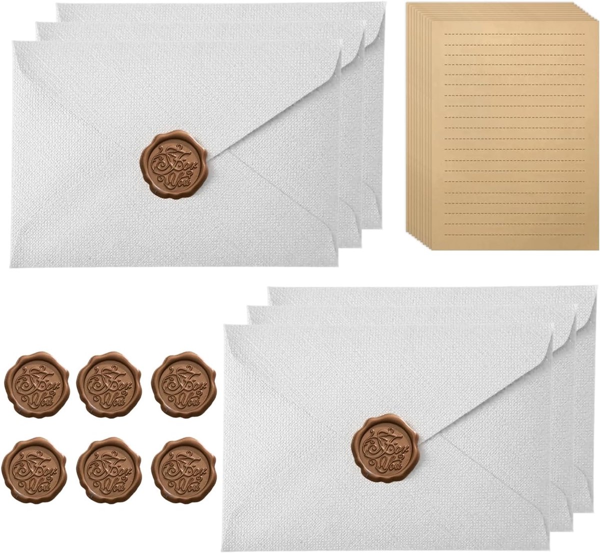 Vintage schrijfmateriaal set - 6 witte enveloppen - 10 A5 kraft papier - authentiek voor brieven - ShopVlot