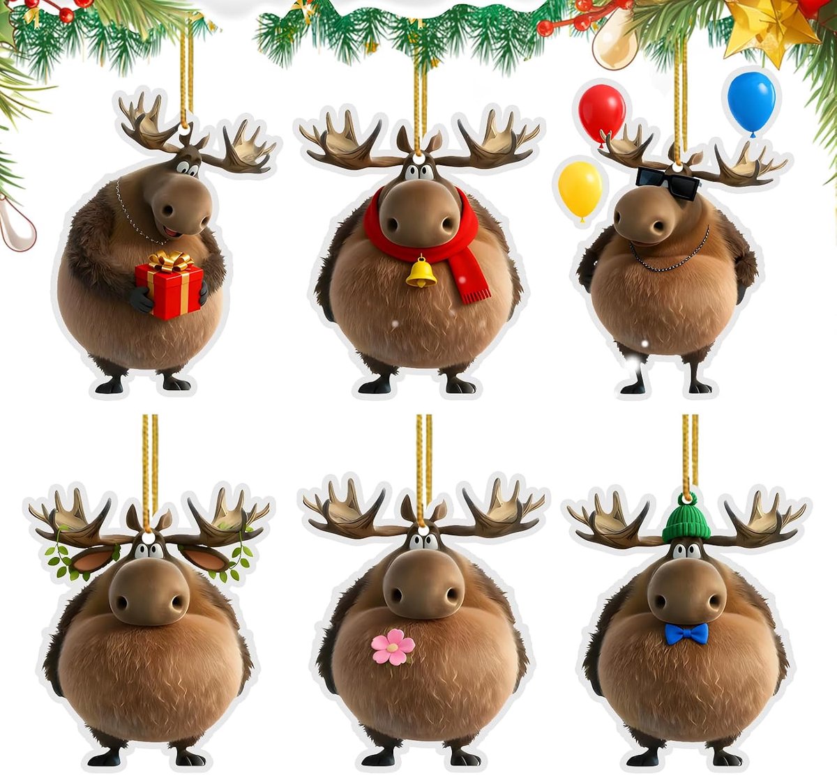 Kerstboomdecoraties set van 6 - 2D acrylaat elanden - unieke ontwerpen - vrolijke kerstversiering voor binnen. - ShopVlot