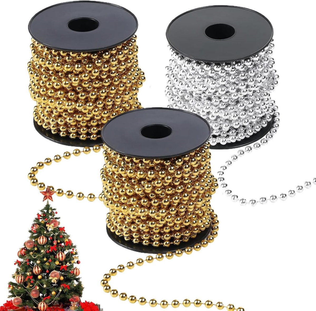 Kerstboomversiering parelketting 10 meter - goud en zilver - hoogwaardig materiaal - feestelijke sfeer - ShopVlot