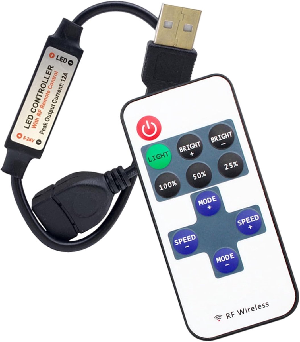 LED Controller 11 toetsen RF - Mini USB dimmer - Zwart - Eenvoudige bediening voor LED strips - ShopVlot