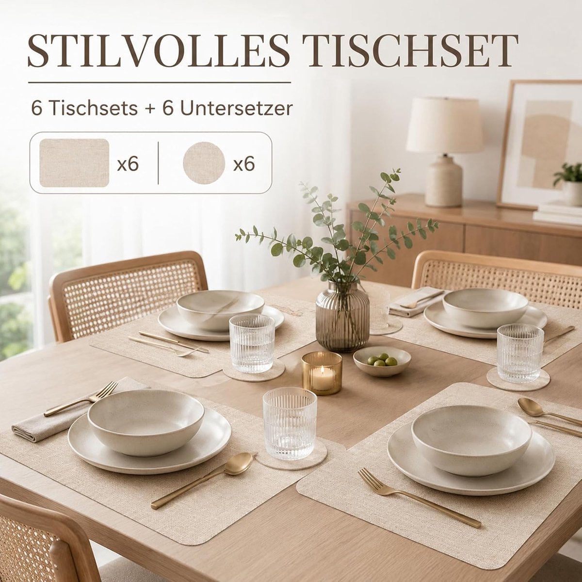 Placemats 6-delige set met 6 onderzetters, afwasbare placemats, beige - ShopVlot