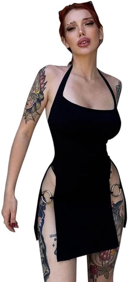 Women Sexy Halter Club Party Dress Square Neck Bodycon Sleeveless Tank Backless Mini Dress Black - ShopVlot