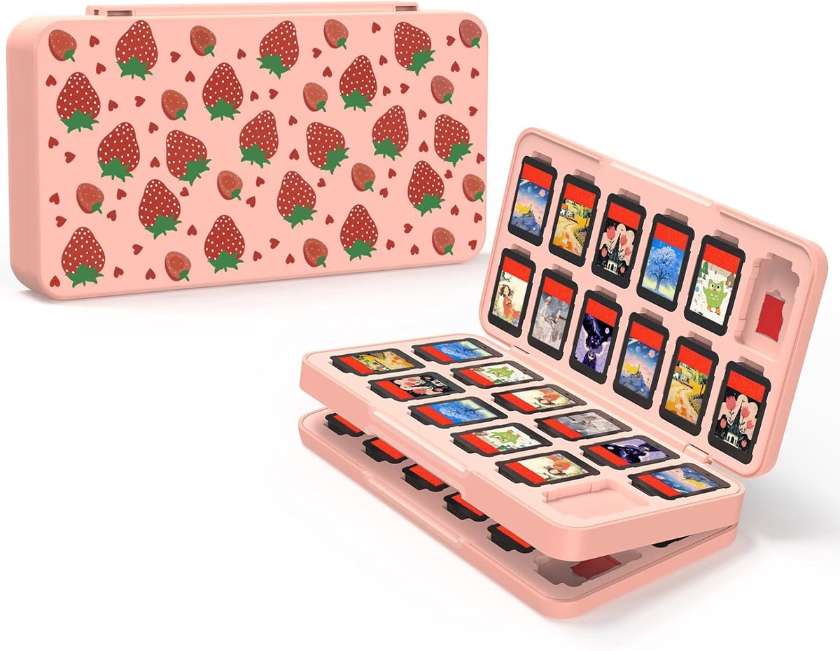 JEMDO Cute Strawberry Switch Playing Card Case – Compatible with Switch 2/OLED/Switch, Pink Holder with 48 Slots and - ShopVlot