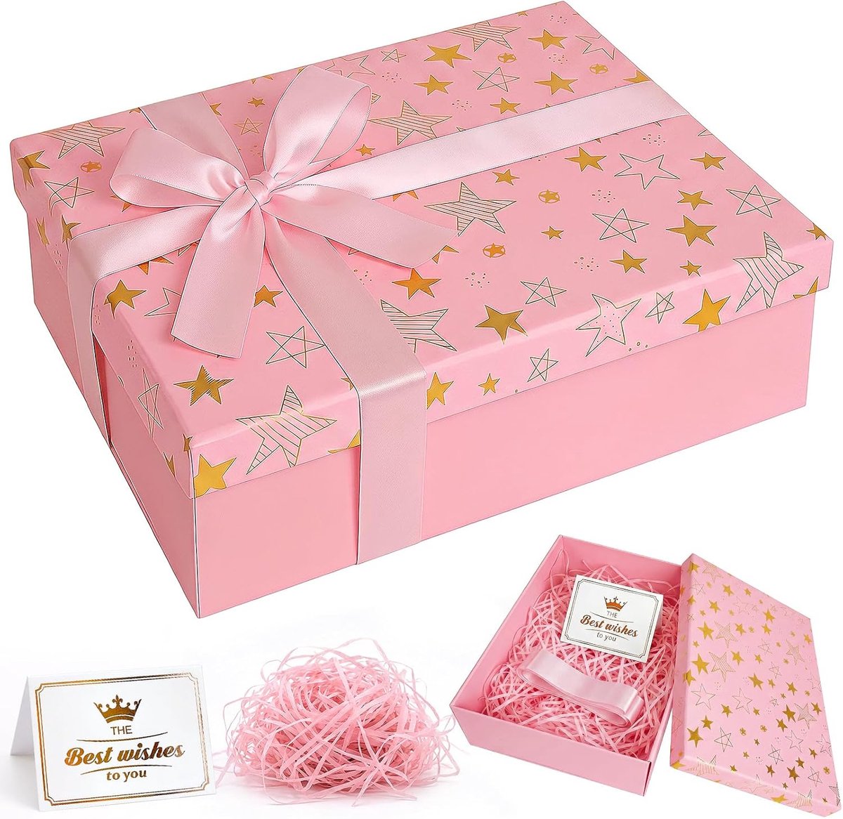 Samlior Geschenkdoos 25 x 18 x 8,5 cm, geschenkdoos met deksel, opvouwbare geschenkdozen met wenskaart, raffiabast en - ShopVlot