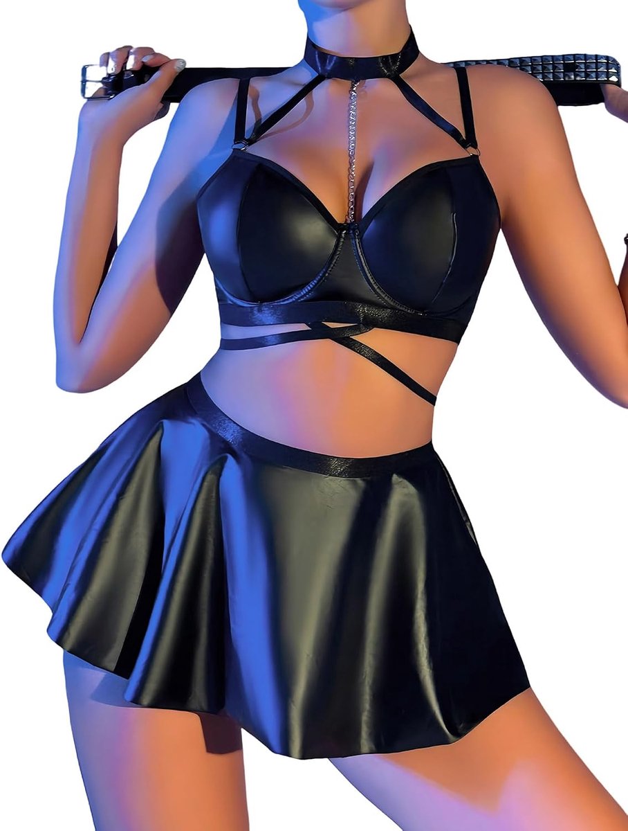 Women's PU Leather Underwear for Parties Disco Cosplay 3 Pieces Mini Skirt with Bra and G-String Wetlook Clubwear - ShopVlot