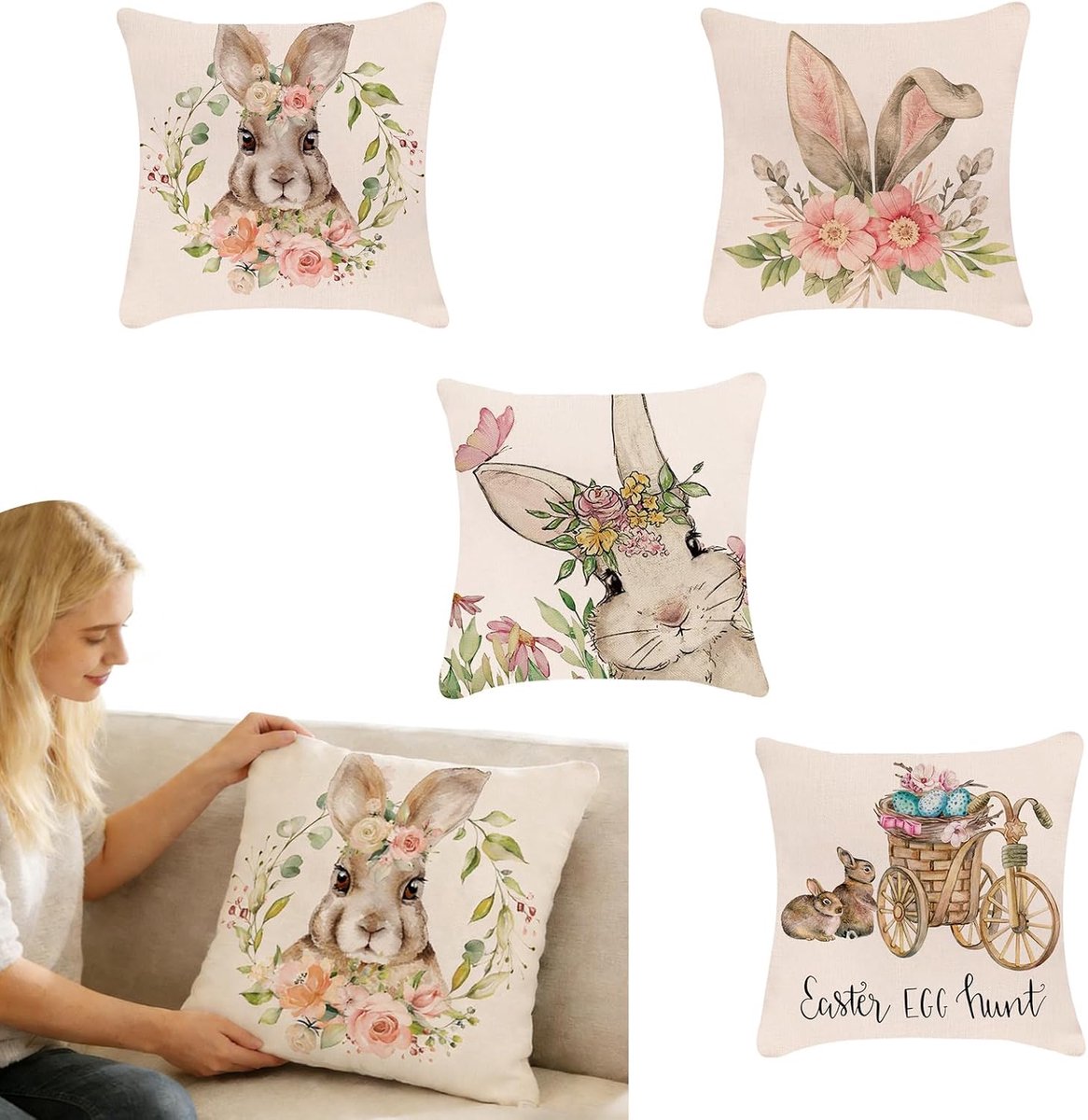 cushion covers easter 4 pieces decorative 45x45cm rabbit and floral print for living room garden party - ShopVlot