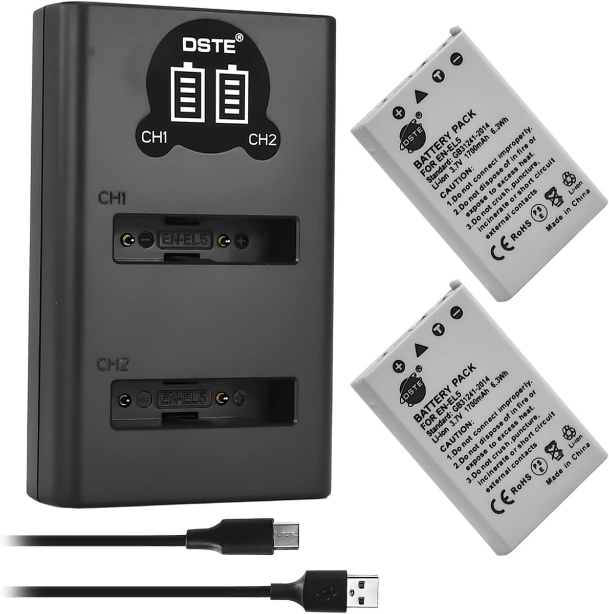 DSTE EN-EL5 Replacement Battery (2 PCS) and Smart LED Dual USB Charger Compatible with Nikon Coolpix P80 P90 P530 - ShopVlot