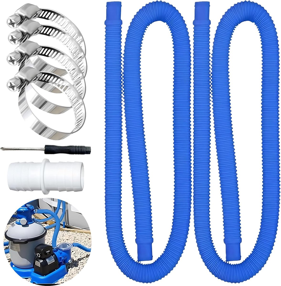 Pool hose 150 cm, Ø 32 mm, with 4 metal safety clips, blue - ShopVlot