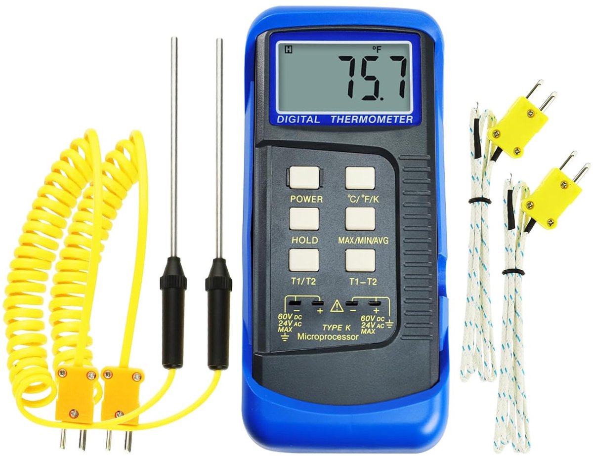 Digital Thermometer, Dual Channel K Type, Thermal Element, Thermometer with 4 Temperature Sensors, MAX/MIN/AVG & - ShopVlot