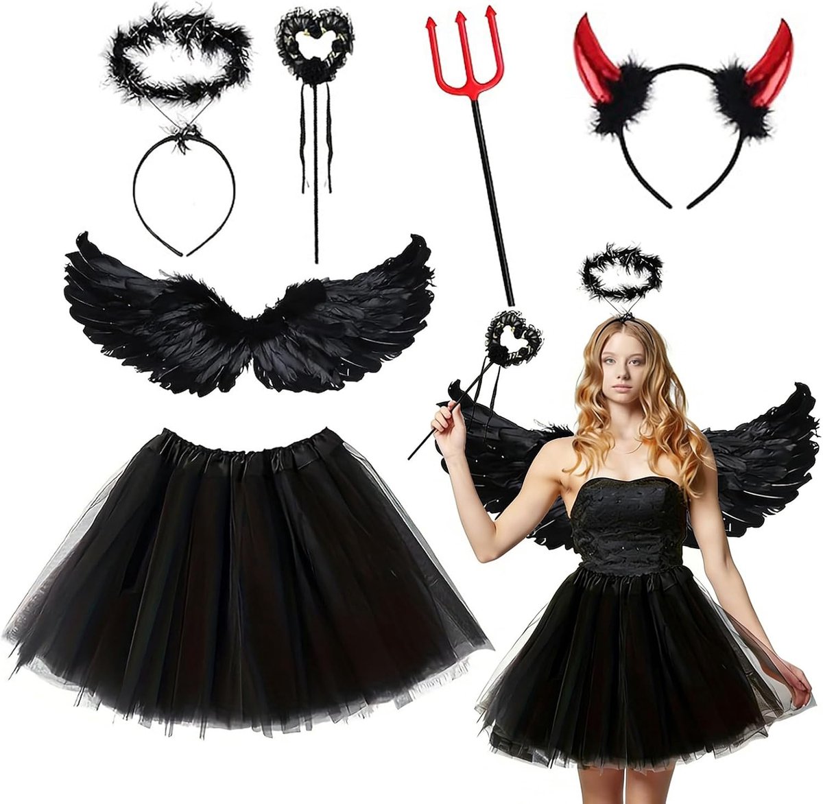 Pack of 6 Black Angel Costume for Women Angel Devil Costume for Women with Tutu Skirt, Halo, Magic Wand and Stockings - ShopVlot