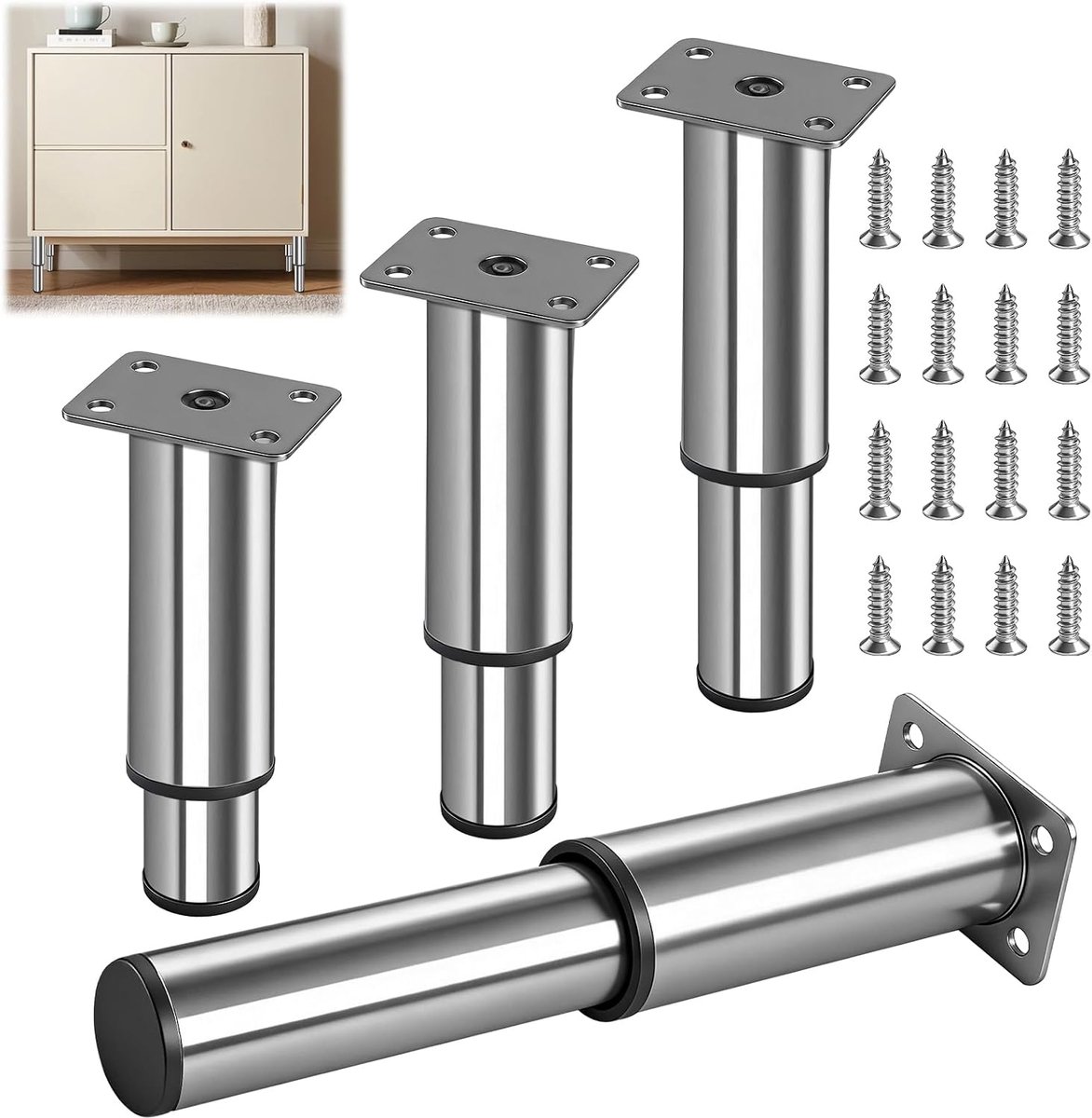 Adjustable furniture legs 12 to 18 cm steel 4 pieces - Furniture Legs DIY Silver Spare Parts, Cabinet, Sofa, Bed, Chair - ShopVlot