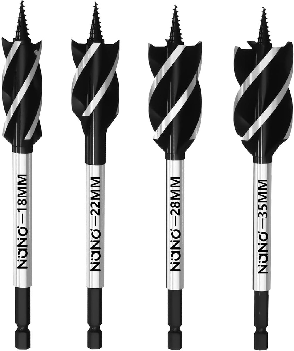 4 x Wood Drill Bit Set, 18/22/28/35 mm, 4-Cut Design, Hex Shank - ShopVlot