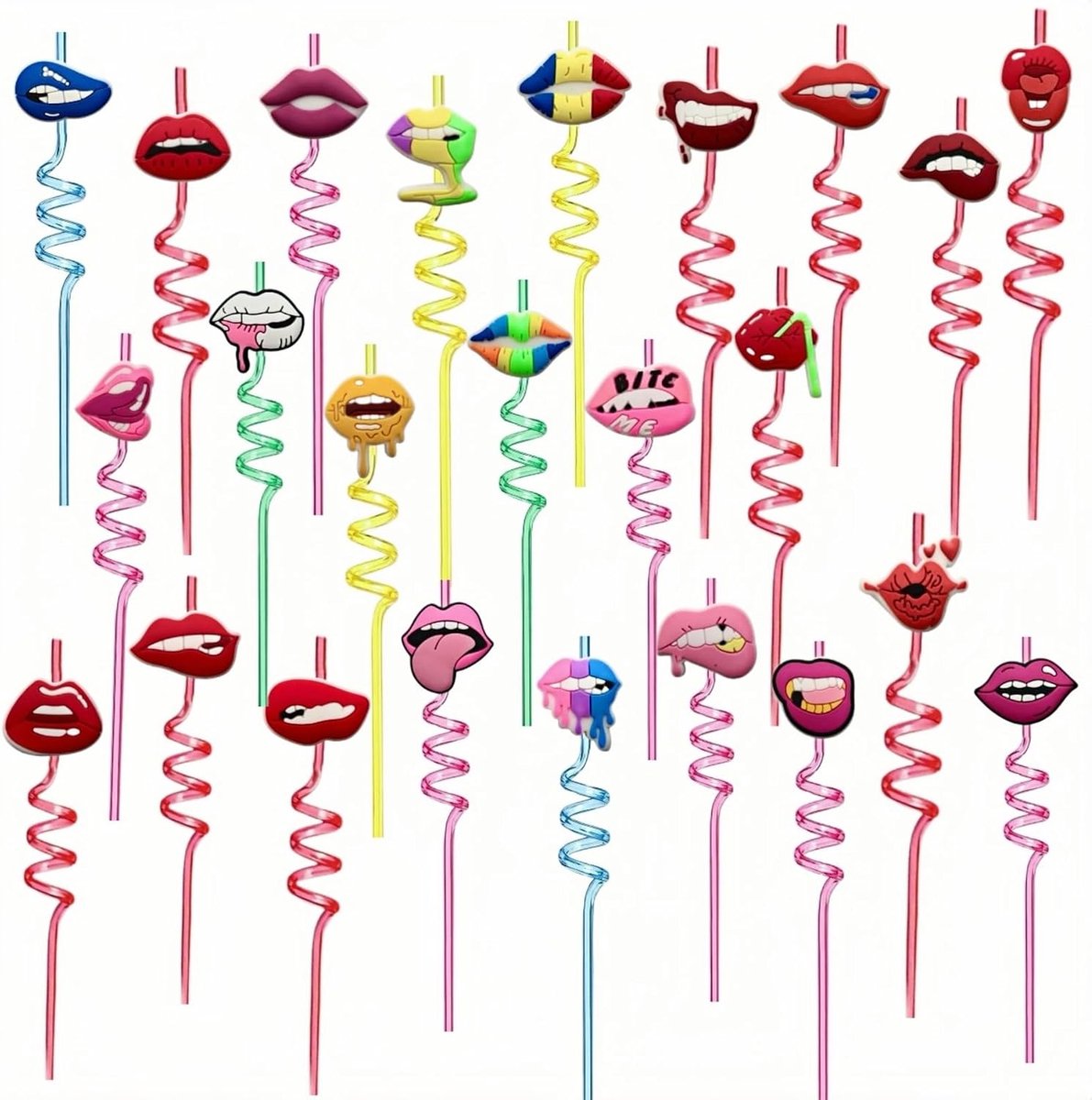 Spiraalrietjes, 24 herbruikbare rietjes, decoratieve rietjes, lippen, cocktailrietjes - ShopVlot