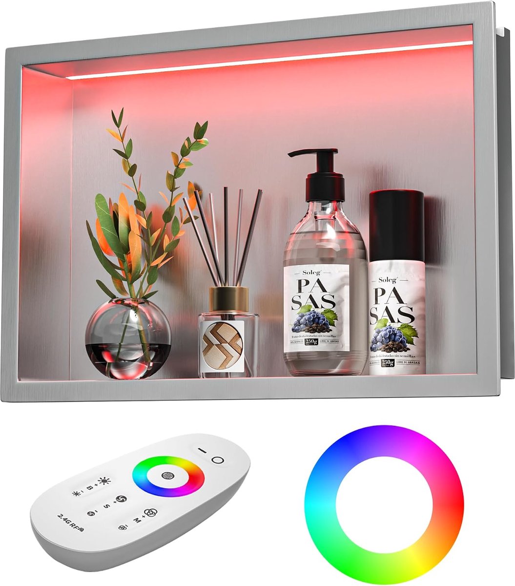 Wanddouche roestvrij staal met RGB LED, wandnis badkamer nis doucheruimte betegelbaar met afstandsbediening 45cm×30cm - ShopVlot