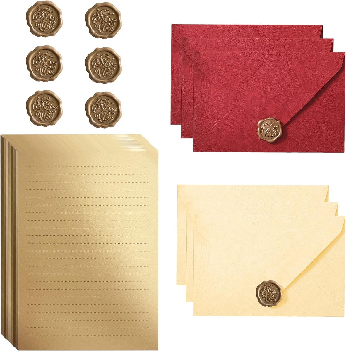 Vintage briefpapier met envelopset van 6 enveloppen, 20 briefpapier en 6 waszegelstickers, rustiek kraftpapier - ShopVlot