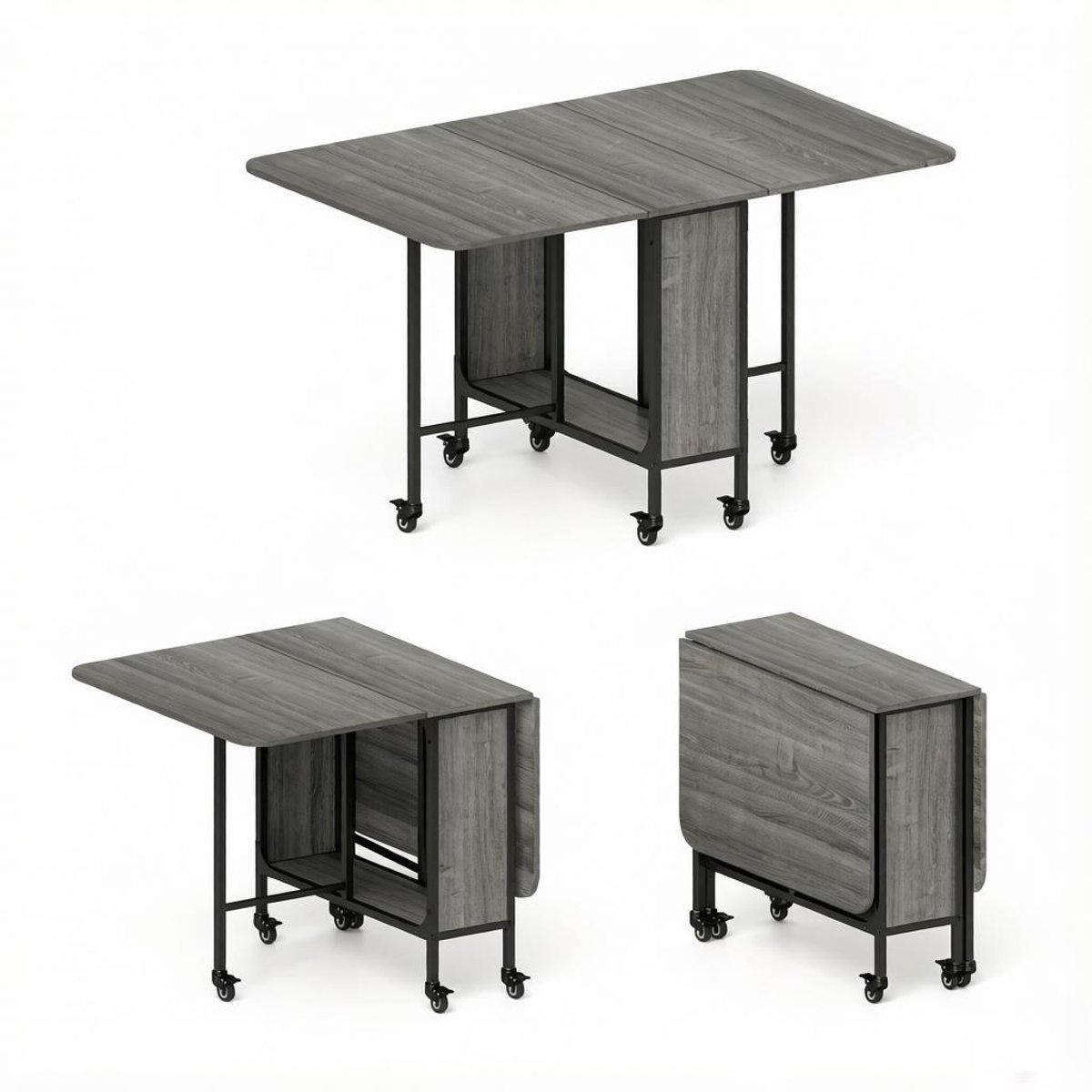 DESMIU Eettafel - Uitschuifbaar En Opklapbaar Met Wielen En Opbergplank - Modern Voor Keuken En Woonkamer - Grijs - 130x80x74 Cm