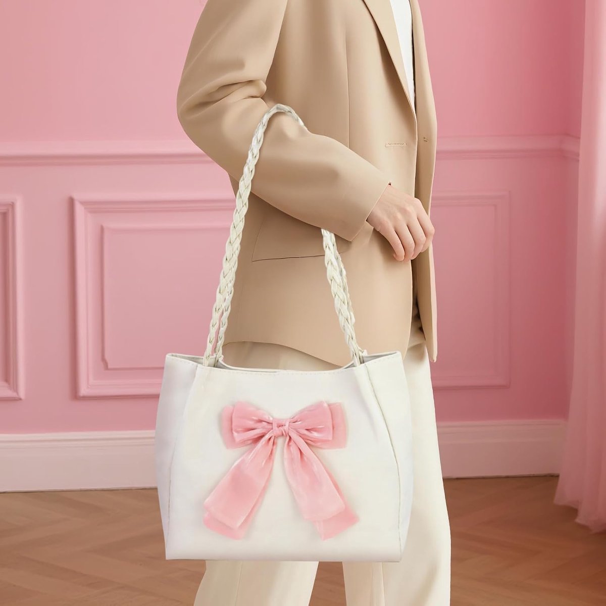 Tote Bag, Soft PU Leather for Women, Stylish Handbag, Large Shoulder Bag with Pink Butterfly Bow for Shopping, Hiking - ShopVlot