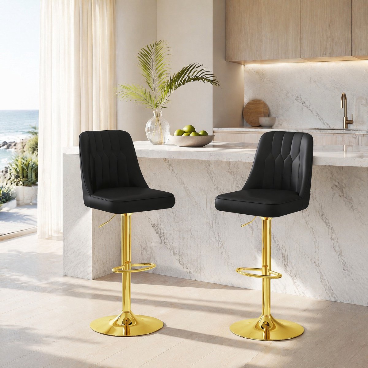 COVREO Barkruk set van 2, 42 x 40 x 117,5 cm, zwart en goud, kunstleer, draaibaar