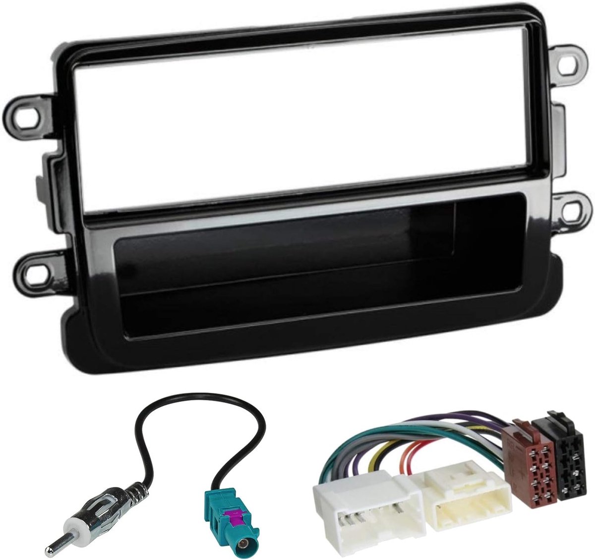 Car Radio Panel Frame 1 DIN - Zwart - Antenne Adapter en ISO Kabel - Geschikt voor Dacia Duster en Sandero - ShopVlot