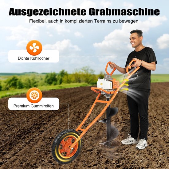 Benzine Grondboor - Paalboor Machine - Gaten Boren Tuin - Inclusief 30cm Boor - 63CC Motor - Oranje — afbeelding 2
