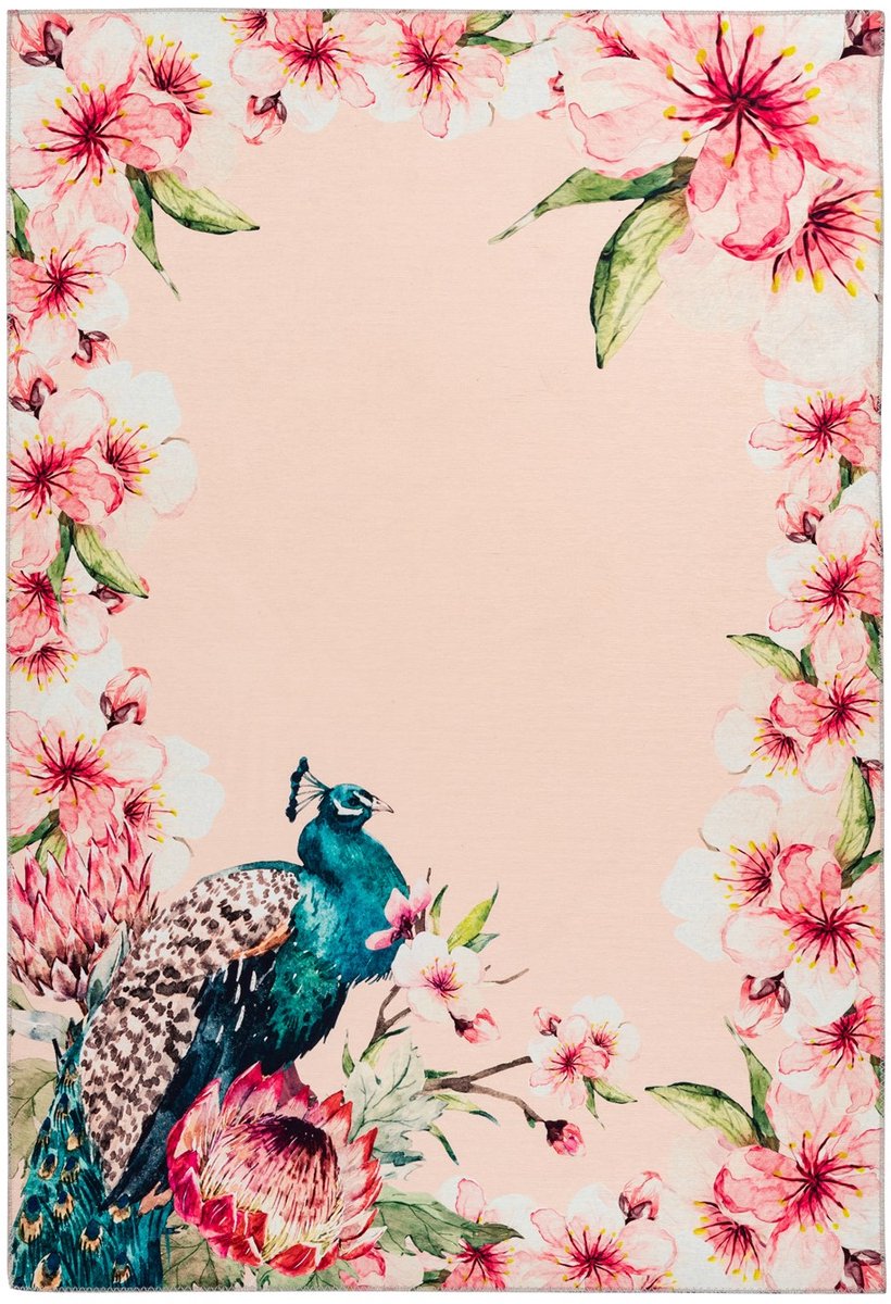 Padiro vlakgeweven vloerkleed 80 x 150 cm - meerkleurig / crème - botanisch bloemenpatroon - geschikt voor vloerverwarming - van polyester