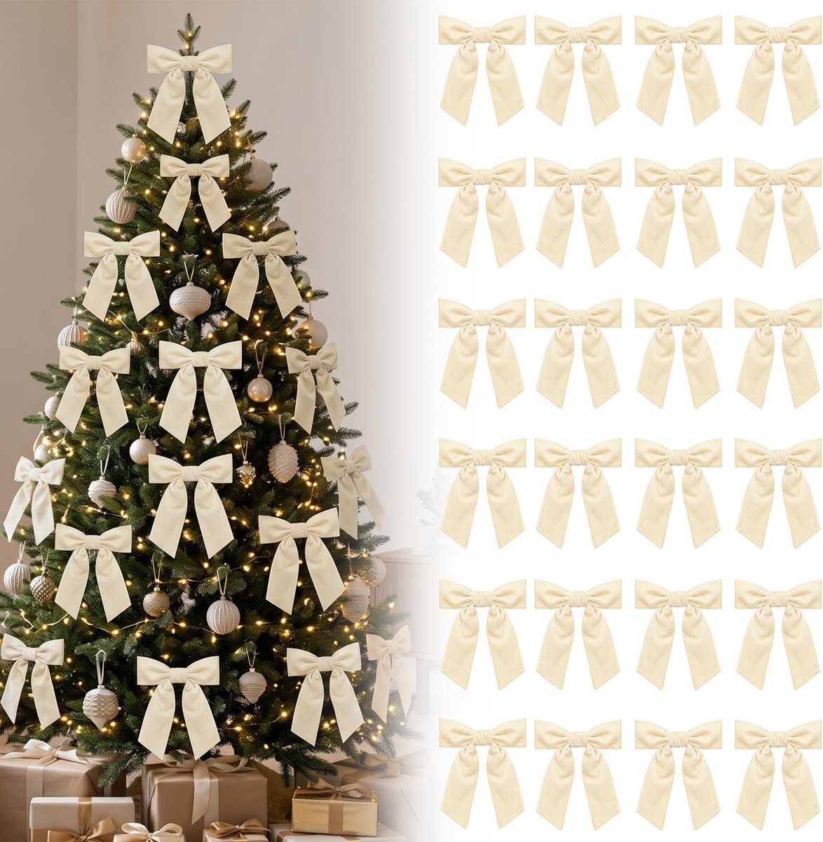 Fluwelen strikken 12 cm - beige - 24 stuks - voor kerstversiering - ShopVlot