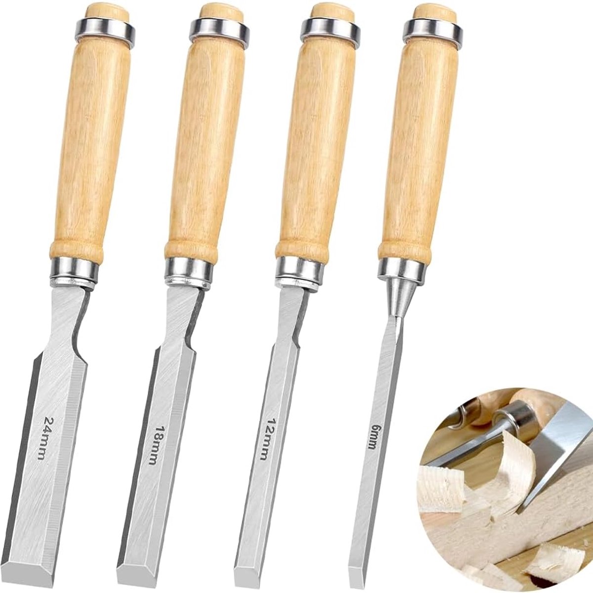 Houtbeitelset 4-delig - scherpe beitels 6, 12, 18, 24 mm - comfortabel handvat - ideaal voor houtbewerking - ShopVlot