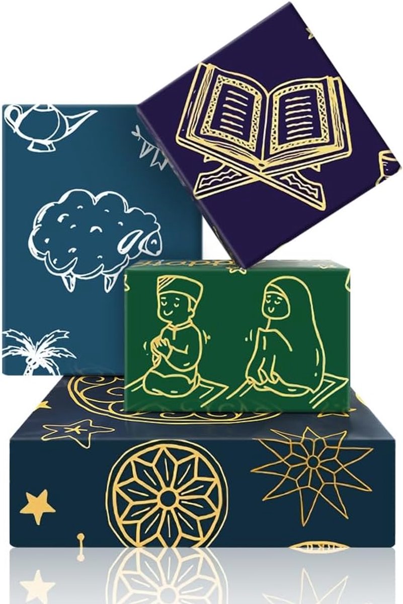 Cadeaupapier Eid Mubarak - 4 vellen 50x70 cm - Ster- en maanpatroon - Perfect voor Ramadan geschenken - ShopVlot