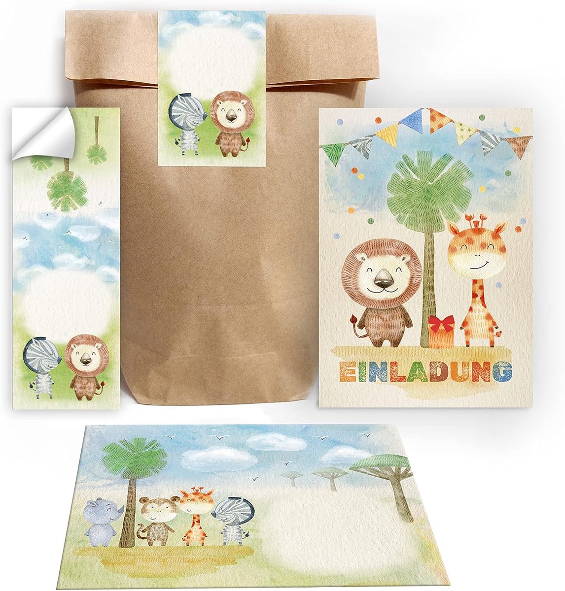 Uitnodigingen kinderfeestje - 12 kaarten met enveloppen - dieren thema - incl. stickers - ShopVlot