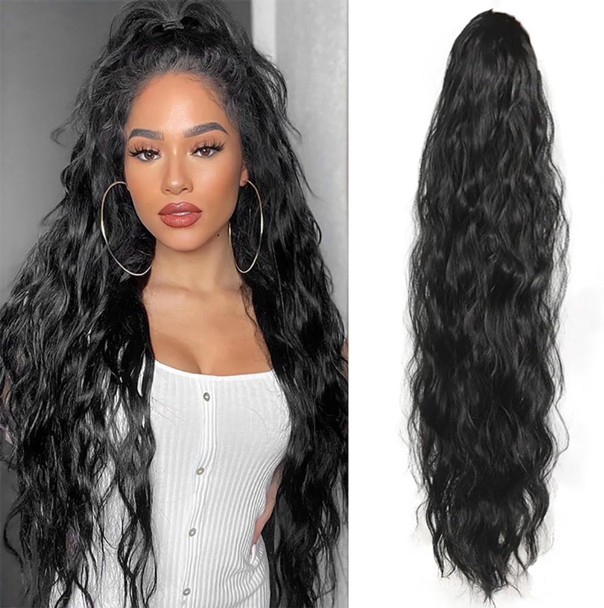Ponytail Hairpiece Extensions 30" - Wavy Krullend - Zwart - Voeg volume en lengte toe - ShopVlot