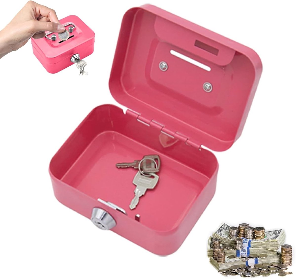 Veilige opbergdoos met 2 sleutels, metalen spaarbox met sleutelvergrendeling, 11.5 x 8.5 x 5.8 cm, ideaal voor geld en waardevolle spullen, roze kleur