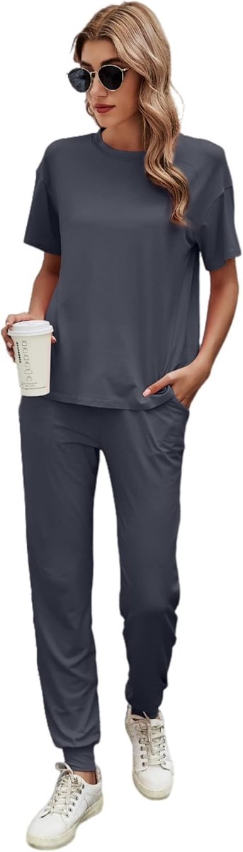 Sportset dames XL - grijs - losse korte mouwen - comfortabel voor vrije tijd - ShopVlot