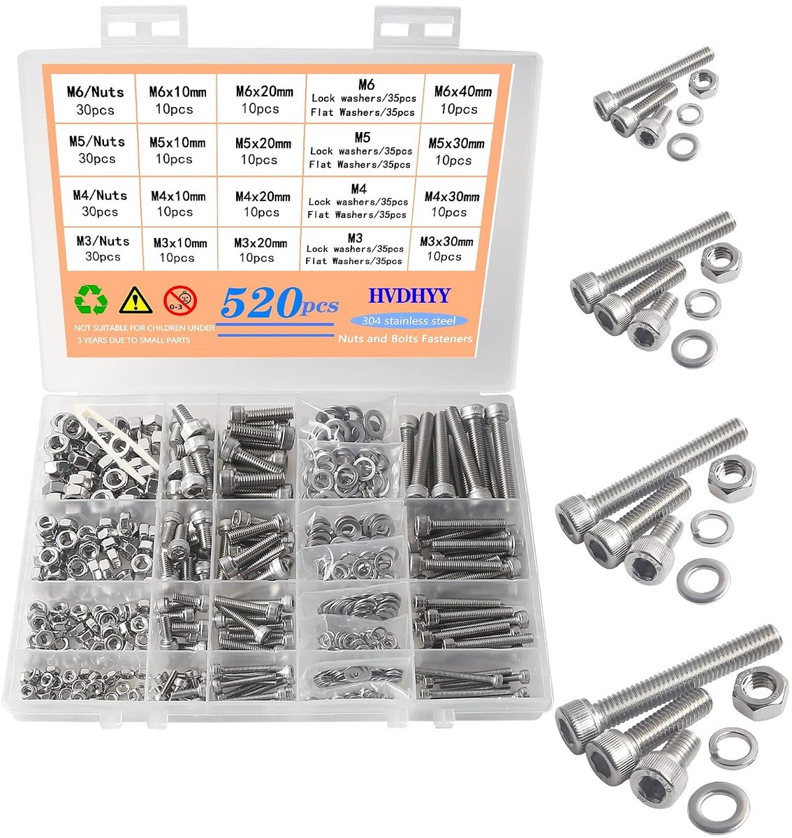 Set of Screws and Nuts M3 M4 M5 M6 Hex Head Screws DIN 933 A2-70 Stainless Steel Lock Screws, Share Discs, Nuts and - ShopVlot