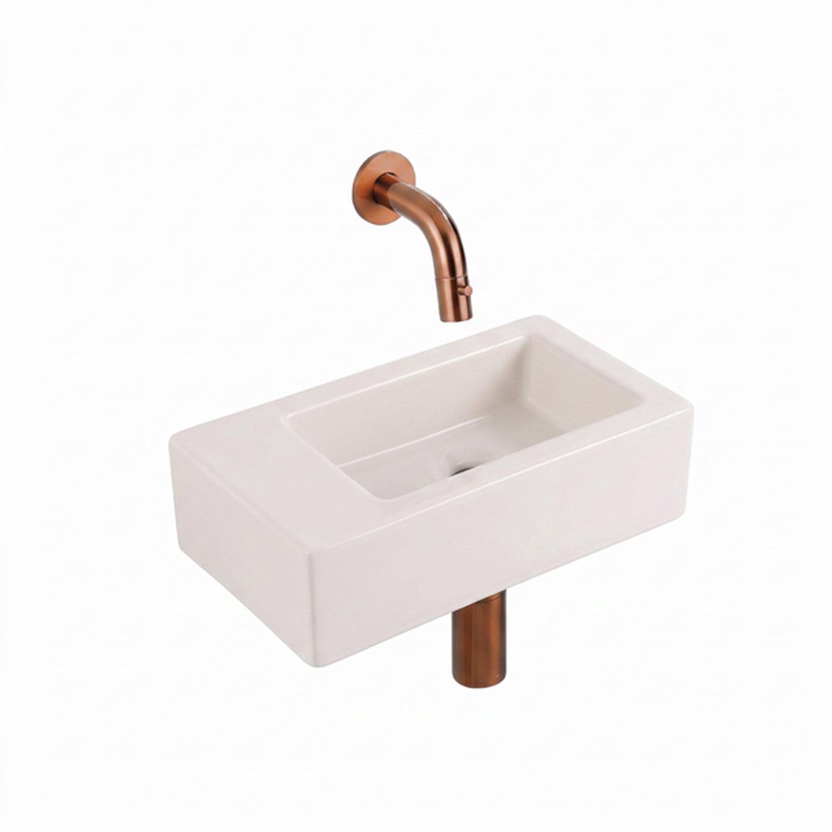 QeramiQ Fuente Fontein - 38x18.5x9cm - keramiek - zonder fonteinkraangat - fonteinkraan geborsteld koper - verlaagd sifon - afvoerplug - linnen