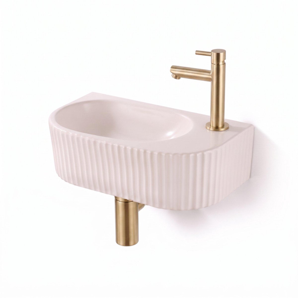 QeramiQ Fuente fonteinset – halfrond – 40x22x12 cm – keramiek linnen – kraangat rechts – geborsteld messing kraan
