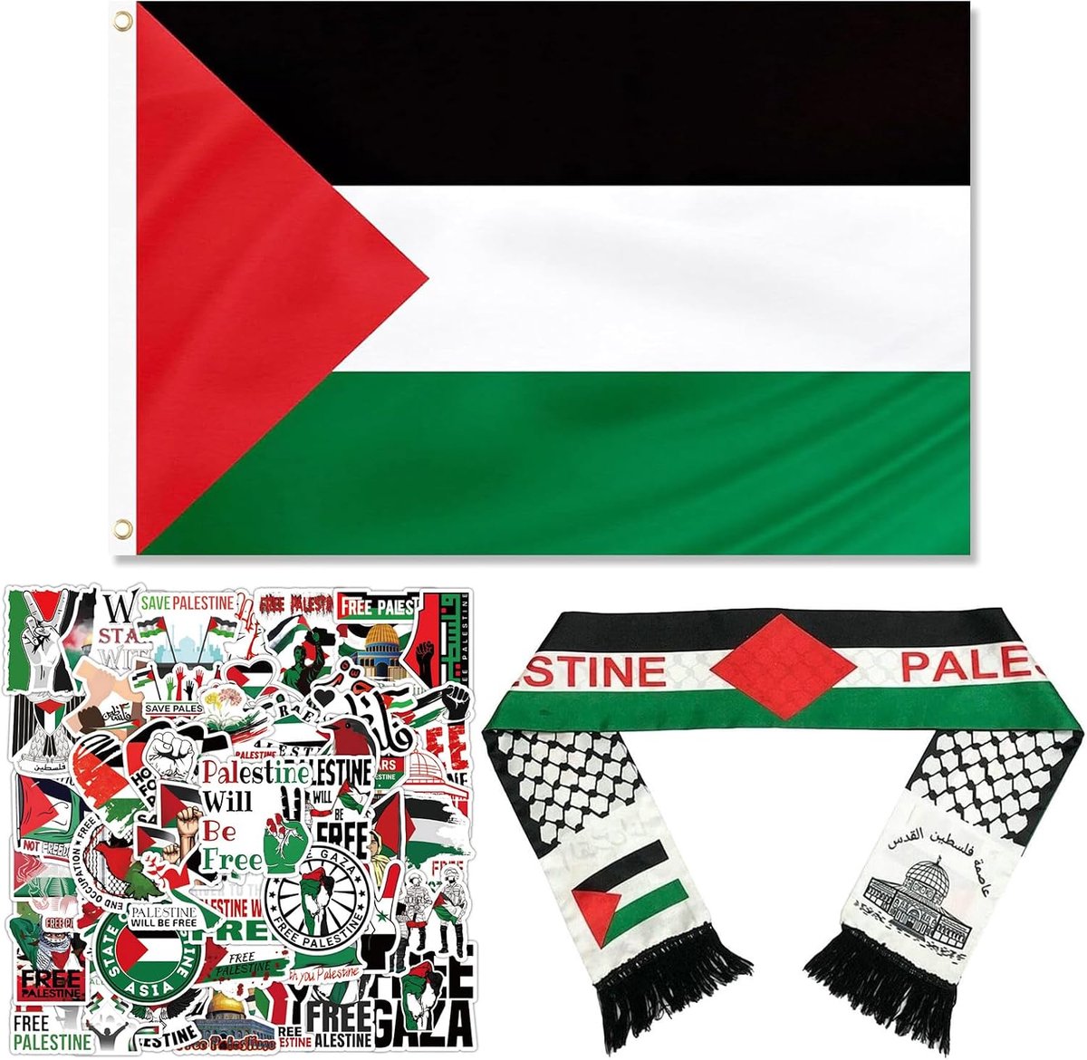 Palestinian Flag, 150 x 90 cm, Palestinian Flag, 135 x 14 cm, Palestinian Stickers, Weatherproof Outdoor Flags, Scarf - ShopVlot