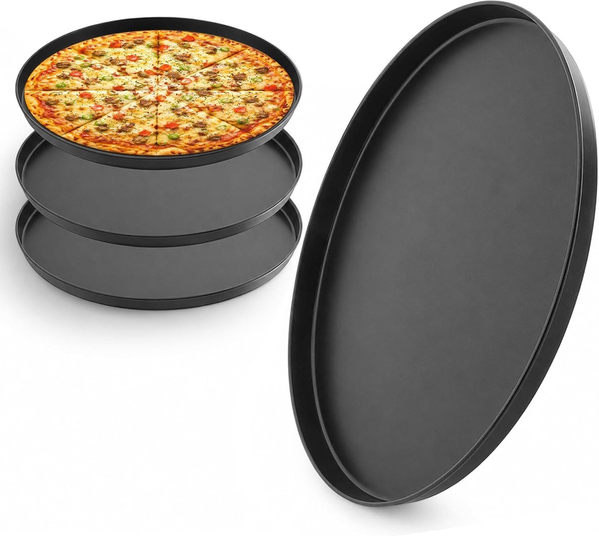 Generisch 4 Pieces Pizza Baking Tray Set, Round Pizza Pan Diameter 29 cm, Black Non-Stick Pizza Pan, Carbon Steel - ShopVlot