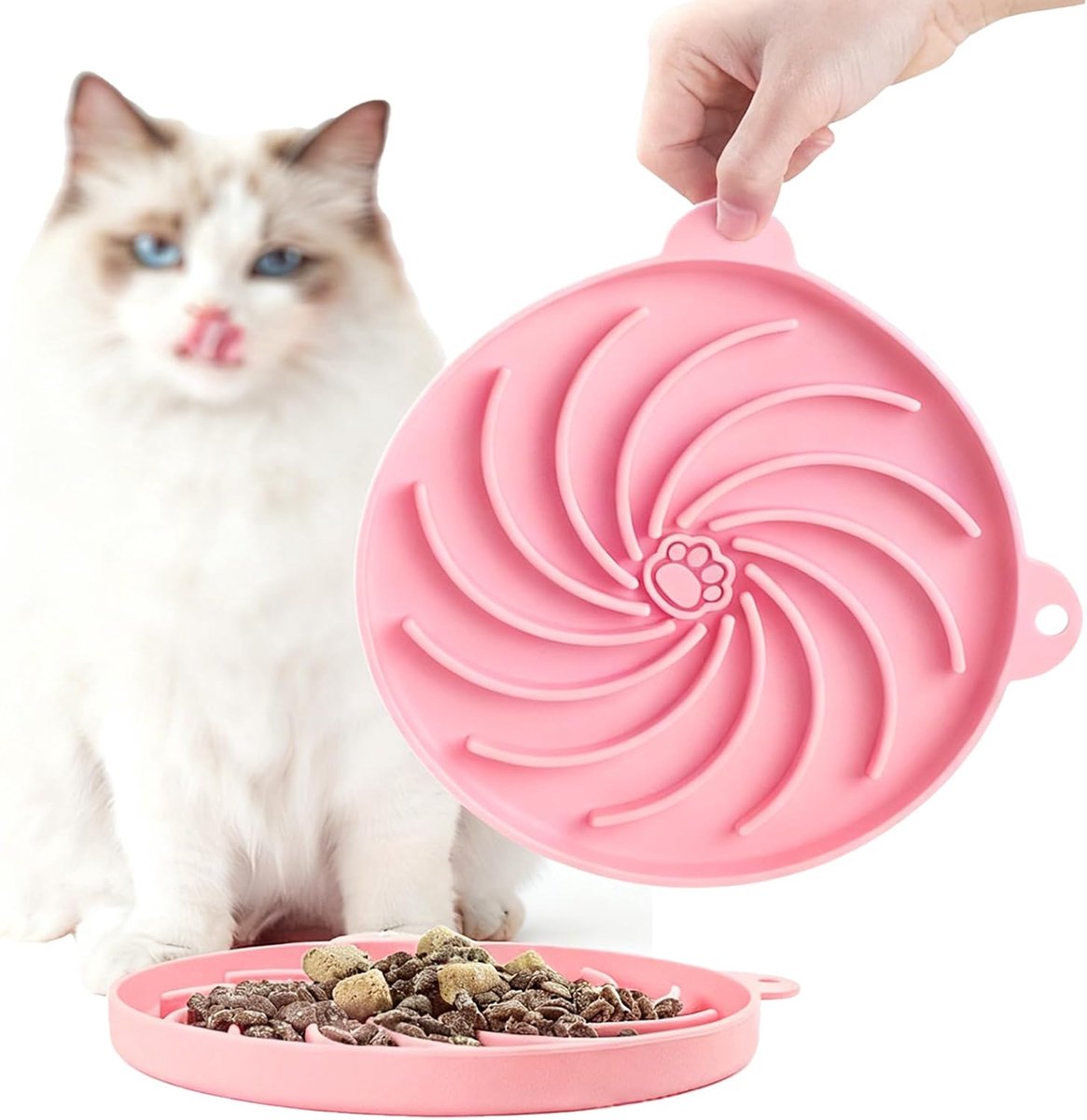 Cat Feeder Pink Silicone 16.5 x 16.5 x 1.5 cm, Spiral Paw Print Design - ShopVlot