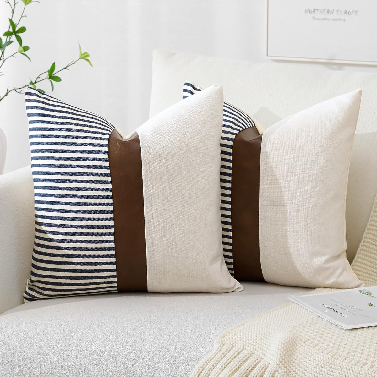 Cushion Covers 60x60 cm - Linnen met Faux Leer - Modern Boho Design - Voor Sofa en Slaapkamer - ShopVlot